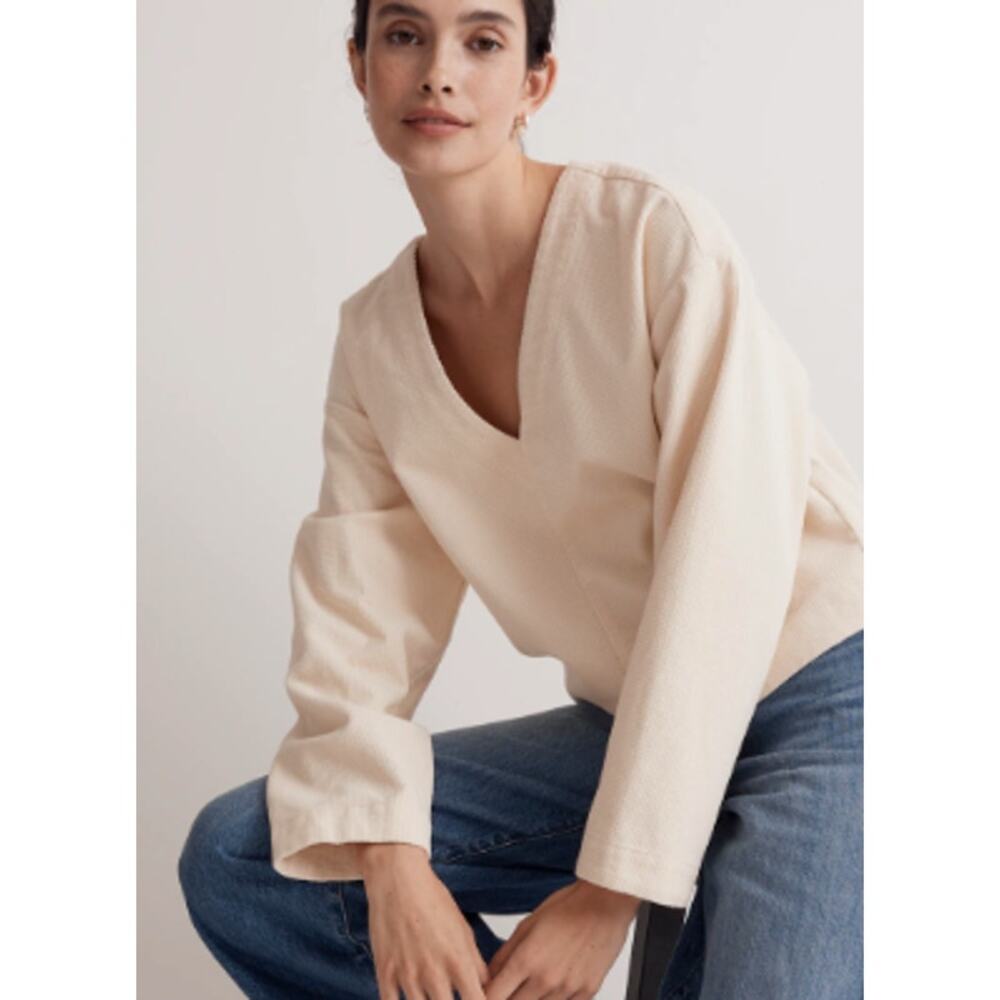 NWOT Madewell Waffle-Knit Relaxed V-Neck Top Ivory Cream Small - Picture 3 of 6